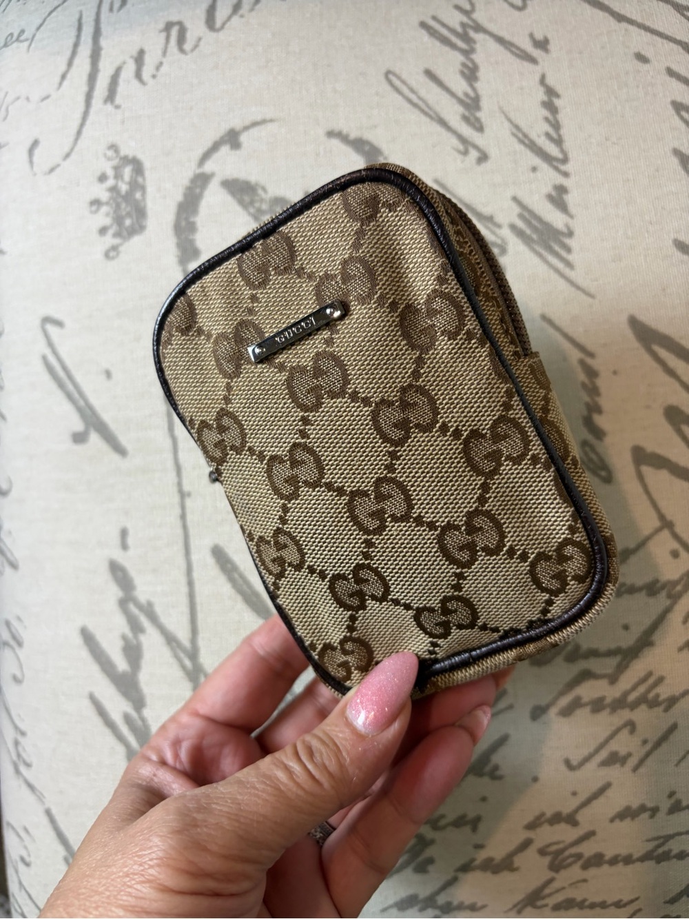 Gucci Beige & Brown GG Canvas Zip Card Pouch